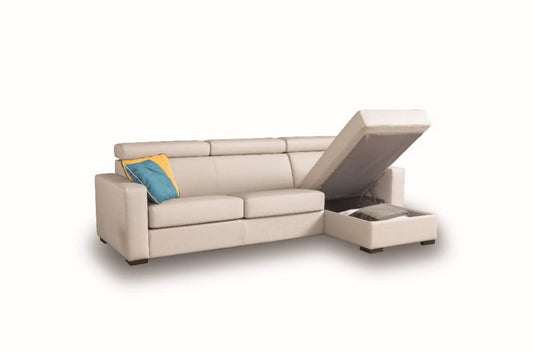 Dafne Italian Design Divano letto tre posti con chaise longue contenitore in vera pelle colore panna - misure cm. L 283x154 l 102 H 92 - Made in Italy