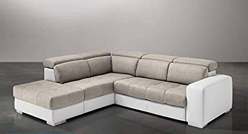 Dafne Italian Design Divano Letto angolare 3 posti con penisola a Sinistra. Similpelle Bianco, Similpelle Effetto Nabuk Light Grey (cm. 266 x 230 x 94h)