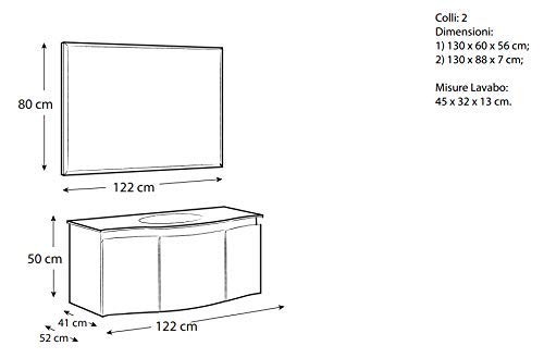 Dafne Italian Design Mobile da bagno sospeso cm. 122 x 41/52 x 190h con lavabo in vetro - finitura bianco lucido - specchio incluso - colonna sospesa cm. 150x25x30.