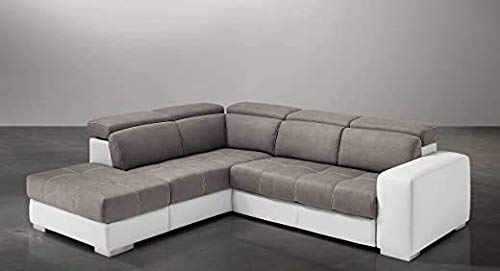 Dafne Italian Design Divano Letto angolare 3 posti con penisola a Destra. Similpelle Bianco, Similpelle Effetto Nabuk Talpa (cm. 266 x 230 x 94h)