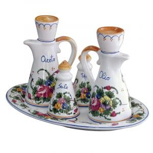 Set olio e aceto ceramico, sale e pepe - Dimensioni: 10,6 × 19,8 cm h 17,0 cm - Made in Italy.