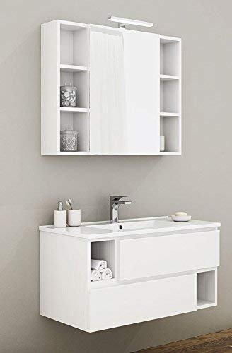 Dafne Italian Design Mobile da bagno sospeso bianco Misura: L.91 P.46 H. 45, specchio contenitore - 100% made in Italy