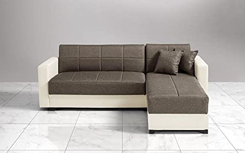 Dafne Italian Design Divano letto angolare 2 posti - Similpelle avorio, tessuto caffe - penisola destra - (cm. 225 x 158 x 86h)