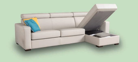 Dafne Italian Design Divano letto tre posti con chaise longue contenitore in vera pelle colore panna - misure cm. L 283x154 l 102 H 92 - Made in Italy