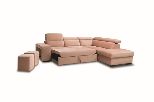 Dafne Italian Design Divano angolare in tessuto color beige tre posti con letto carrello e poltrona contenitore - misure cm. L 277/241 l 102 H 77 - Made in Italy