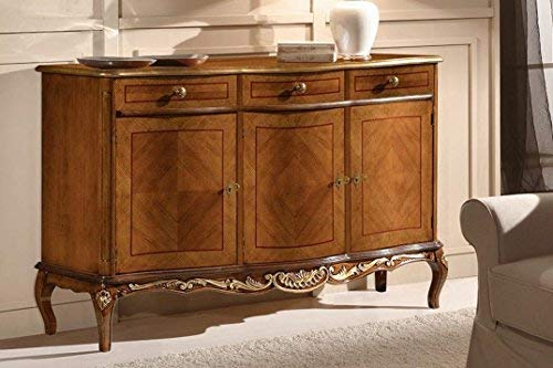Dafne Italian Design Credenza 3 ante 3 cassetti, noce scuro, decorazioni oro -cm: 150 cm - 49 cm - H 100 cm. Stile classico - 100% Made in Italy (SF17)