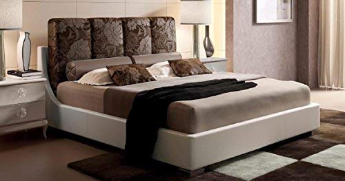 Dafne Italian Design Letto matrimoniale c/cuscini tessuto fantasia marrone, struttura pelle tortora, 100X228X174 - per rete 160x190, 70 Kg,
