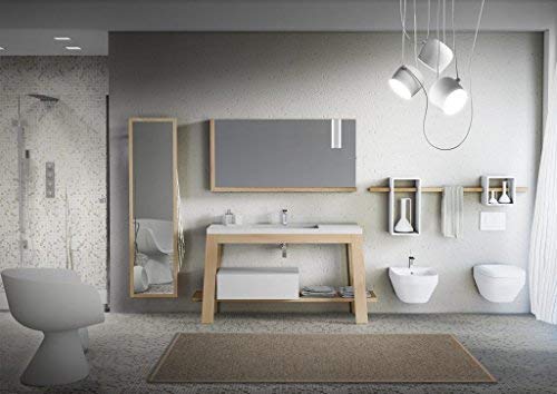 Dafne Italian Design Mobile da bagno composizione completa frassino naturale, piano con vasca integrata, cassetto, specchio con mensole, lampada led, 2 pensili a giorno, mensola, specchio