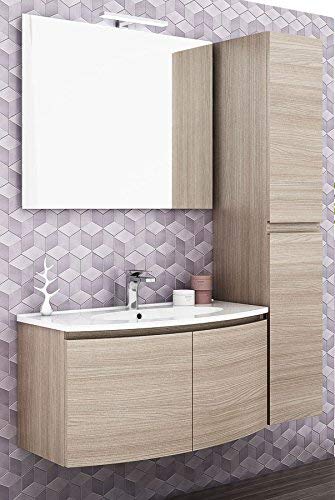Dafne Italian Design Mobile da bagno sospeso L.91 P.36/46 cm. con colonna due ante colore Olmo Terra,Top lavabo in resina; Base p/lav.2 ante; Specchio a filo lucido con lampada led