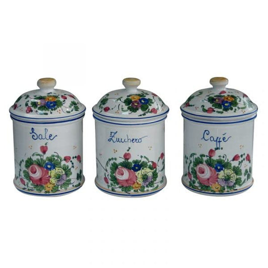 Tre vasetti in ceramica "sale", "zucchero", "caffè" - Dimensioni: h 13 cm - Made in Italy.