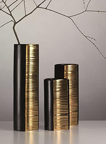 Set di Vasi Decorativi Moderni in Ceramica Artistica Italiana, Colore Nero con Decori Foglia Oro zecchino; Arredamento moderno per la casa.