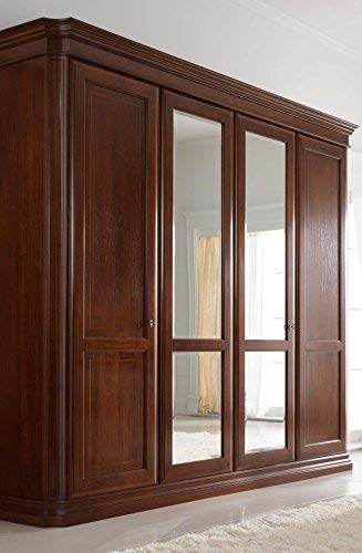 Dafne Italian Design Armadio 4 ante c/specchio solo esterno, cassettiera interna con 3 cassetti, noce scuro, 252X68X296, 195 Kg, -100% Made in Italy