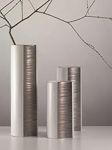 Set di Vasi Decorativi Moderni in Ceramica Artistica Italiana, Colore Bianco con Decori Foglia di Puro Platino; Arredamento moderno per la casa.