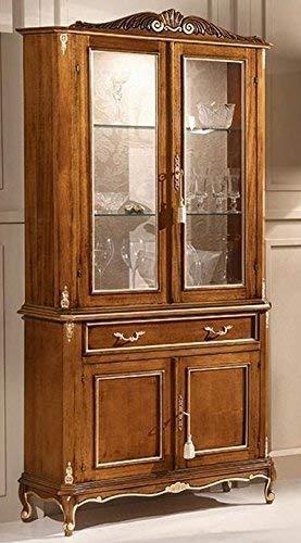 Dafne Italian Design Vetrina 2 antecassetto, noce scuro, decorazioni oro, schienale tappezzato -cm: 91 cm - 35 cm - H 135 cm ? Cimasa H 10 cm ? 0,72 Mc ? Stile classico - 100% Made in Italy (SF17)
