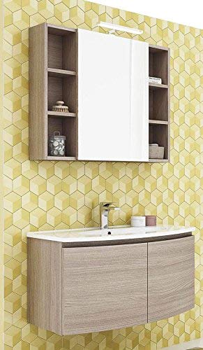 Dafne Italian Design Mobile da bagno L.91 P.36/46 col. Olmo Terra,Top lavabo in resina, Base p/lav. 2 ante; Specchio contenitore c/lampada led;