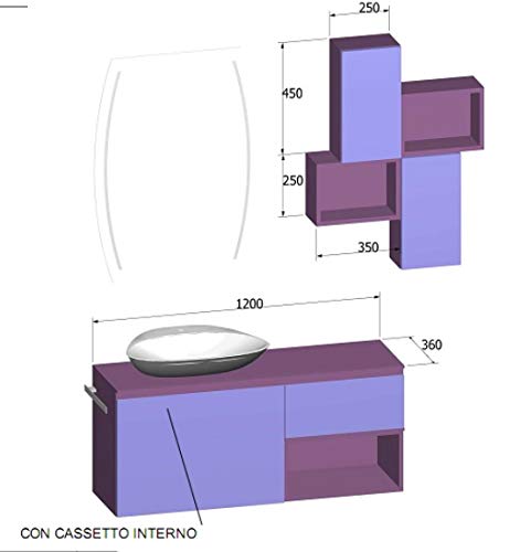 Dafne Italian Design Mobile da bagno top in vetro color viola, lavabo a vista e ante e cassetti color rosa lilla lucido con specchio con luce a led come da foto - 100% made in Italy