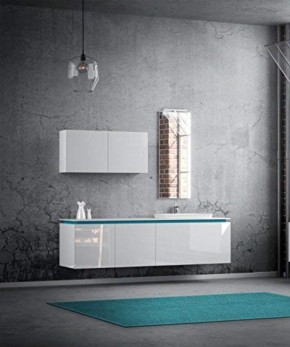 Mobile per bagno moderno sospeso laccato bianco lucido con lavabo semi incasso L.185XP.51,5XH.44,7-Base: 2 cassettoni, lavabo semincasso, specchio, lampada led, pensile con 2 ante L.90 H45 P.20,7