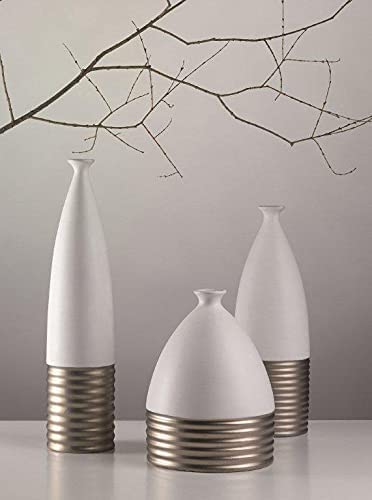 Set di Vasi Decorativi Moderni in Ceramica Artistica Smaltata Italiana, Colore Bianco Opaco con Decori Foglia di Puro Platino; Arredamento moderno per la casa.