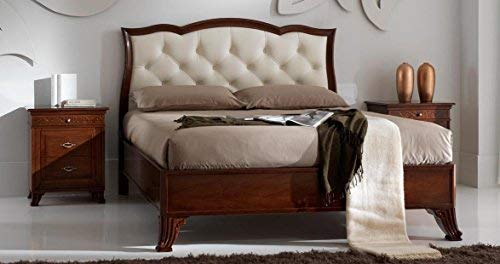 Dafne Italian Design Letto matrimoniale legno scuro con testiera imbottita in pelle bianca, H.136XP.210XL.170 - x rete 160X 90 Testiera