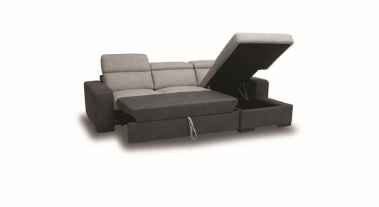 Dafne Italian Design Divano tre posti con letto carrello e chaise longue contenitore in tessuto grigio chiaro e grigio scuro - misure cm. L265x171 l 102 H 77 - made in Italy