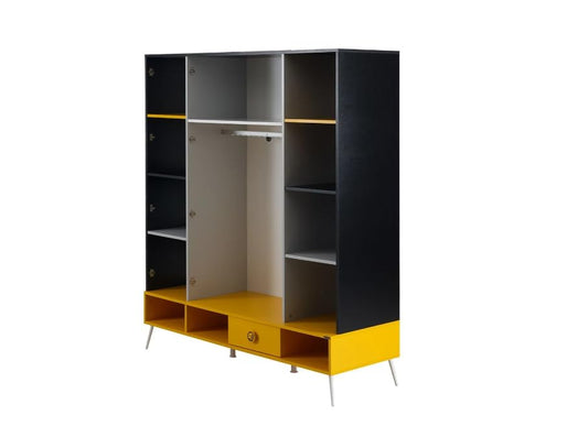 Dafne Italian Design Armadio quattro ante con vani chiusi ed a giorno Skate colore nero grigio bianco e giallo misura 174x203x63 cm.