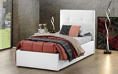 Dafne Italian Design - Letto singolo con contenitore, Similpelle bianco, Dimensioni: cm. 90 x 205 x 110 H