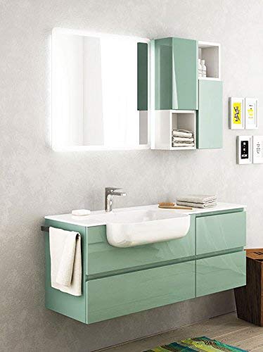 Dafne Italian Design Mobile da bagno color verde acquamarina cm 136x50x36, top in vetro, lavabo semi incasso, due ante con sportello e due a vista, cassetti, specchio, luci a led