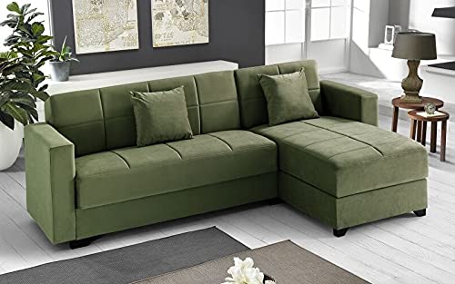 Dafne Italian Design Divano letto angolare 2 posti - Tessuto maya verde scuro - penisola destra - (cm. 225 x 158 x 86h)