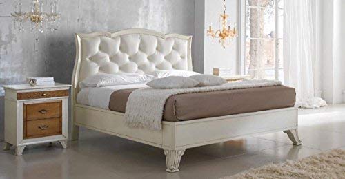 Dafne Italian Design Letto matrimoniale con testiera imbottita in pelle avorio, vintage, 136X210X170 - per rete 160X190, 42 Kg,