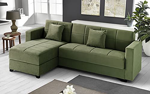 Dafne Italian Design Divano letto angolare 2 posti - Tessuto maya verde scuro - penisola sinistra - (cm. 225 x 158 x 86h)