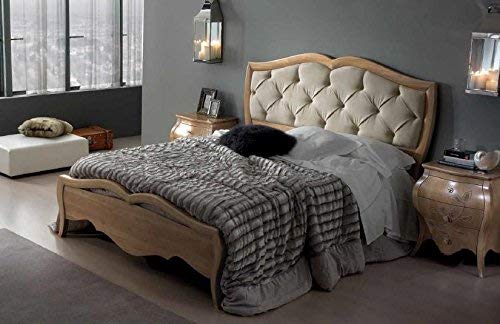 Letto matrimoniale, colore legno chiaro, H.133 X P.215 X L.205 - per rete 180X200Testiera e pediera in noce, pelle bovina, testata imbottita con tessuto nabuk beige Usare rete H cm 40