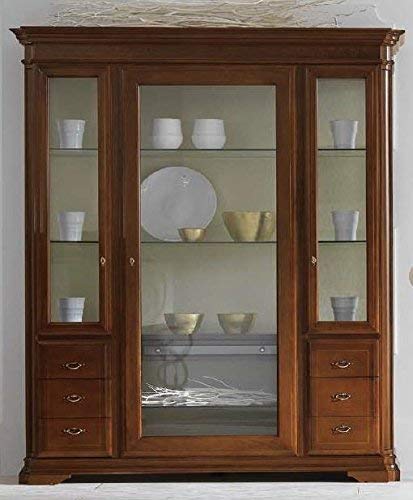 Vetrina 3 ante e 6 cassetti, colore legno scuro, 220X50X192, 120 Kg, Struttura: listellare di abete Cassetti: legno massiccio impiallacciato noce nazionale 100% Made in Italy