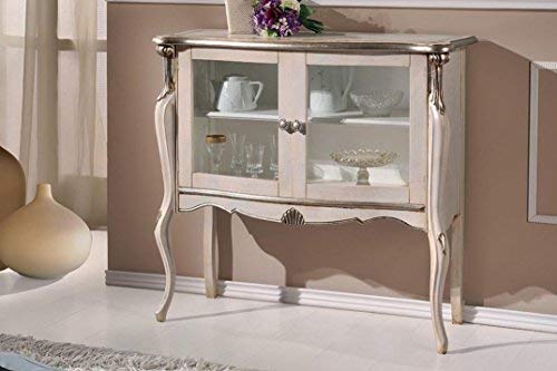 Dafne Italian Design Vetrina bassa 2 ante, gamba alta, colore bianco perla, decorazioni argento -cm: 108 cm - 40 cm - H 100 cm. Stile classico - 100% Made in Italy (SF17)