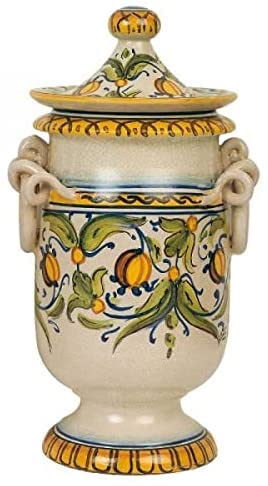 Vaso ornamentale con coperchio in ceramica realizzato e dipinto a mano. Dimensioni: h 34.798 cm. Fatto in Italia.