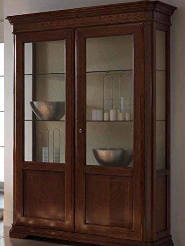 Vetrina 2 ante, colore legno scuro, 220X50X165, 81 Kg, Struttura: listellare di abete impiallacciato con noce nazionale. Ante e fianchi: telaio legno massiccio in legno noce 100 % Made in Italy