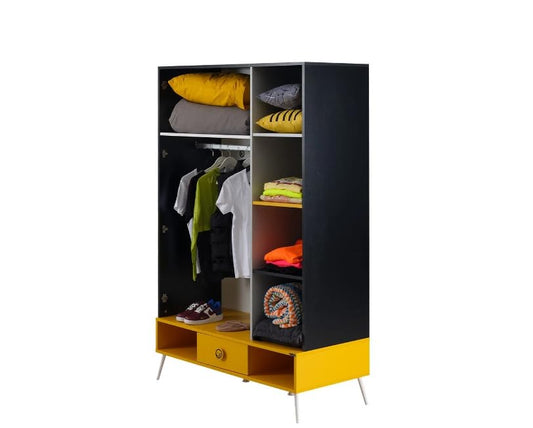 Dafne Italian Design Armadio tre ante con vani chiusi ed a giorno Skate colore nero grigio bianco e giallo misura 130x203x63 cm.
