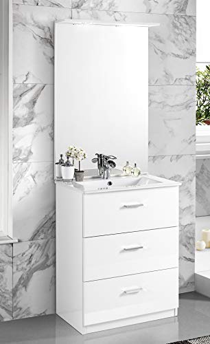 Dafne Italian Design Mobile da bagno bianco con lavabo cm. 62 x 47 x 195h - 3 cassetti - maniglie cromate e specchio