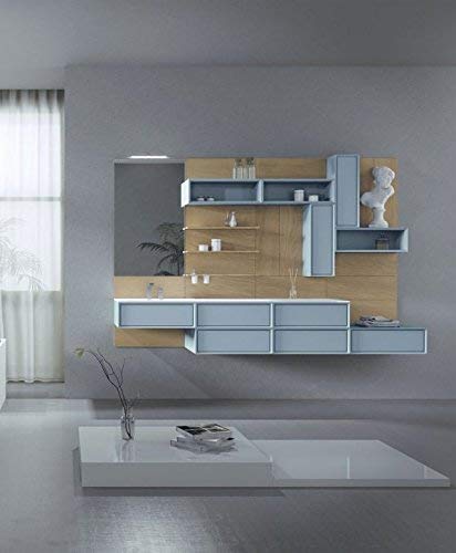 Mobile da bagno composizione completa moderna azzurro opaco - base portalavabo, 2 cassetti, specchio, lampada led, pensile 1 anta, pensile a giorno, pannelli a parete rovere con mensole