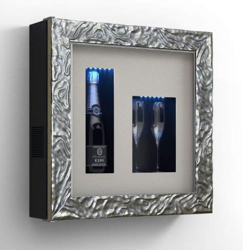 Cantinetta vino da parete per una bottiglia e vano neutro per 2 calici. / hpl Vetrocamera 20 mm . per bottiglia H324 D105 - peso 25 kg - luci a led blu(SF00)