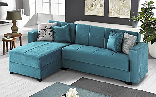 Dafne Italian Design Divano letto angolare 2 posti - Tessuto maya turchese - penisola sinistra - (cm. 225 x 158 x 86h)