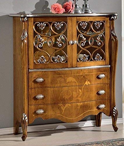 Dafne Italian Design Vetrina 2 ante e 3 cassetti, decorazioni argento -cm: 107 cm - 40 cm - H 120 cm, Stile classico - 100% Made in Italy (SF17)