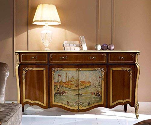 Credenza 4 ante 3 cassetti, decoro Veneziano, colore legno scuro, decorazioni oro - Dimensioni: 197 cm - 50 cm - H 100 cm ? 1,16 Mc ? Stile classico -100% Legno - 100% Made in Italy (SF17)