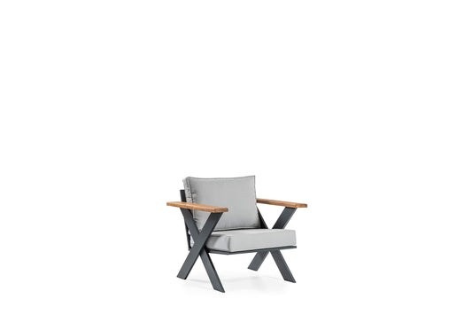 Salotto da giardino per uso professionale, in alluminio antracite, cuscini lavabili grigio chiaro compresi. n.1 divano 3 posti, n.2 poltrone, n.1 tavolino.Divano 3 Posti / 203x86cm 84H Poltrona / 86x86cm 84H Tavolo / I 123x75cm 65H