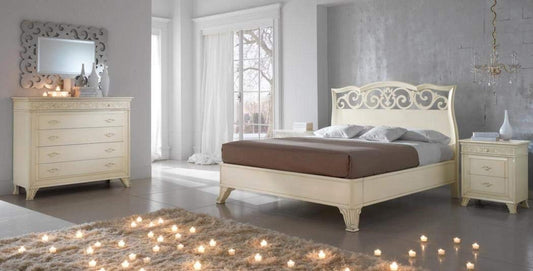 Dafne Italian Design Letto matrimoniale avorio, testiera traforata, H.136XP.220XL.190 - per rete 180X200, vintage
