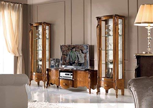 Dafne Italian Design Mobili classici per salotto e soggiorno, noce scuro, -2 vetrinette cm: 61 cm - 39 cm - H 183 cm; Base Porta Tv 2 porte 1 cassetto 1 vano - 100% Made in Italy (SF17)