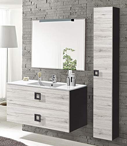 Dafne Italian Design Mobile da bagno sospeso cm. 53x47x101 con lavabo integrato - finitura grigio chiaro e scuro + colonna sospesa 25x22x160 + specchio cm. 70x99 cm.