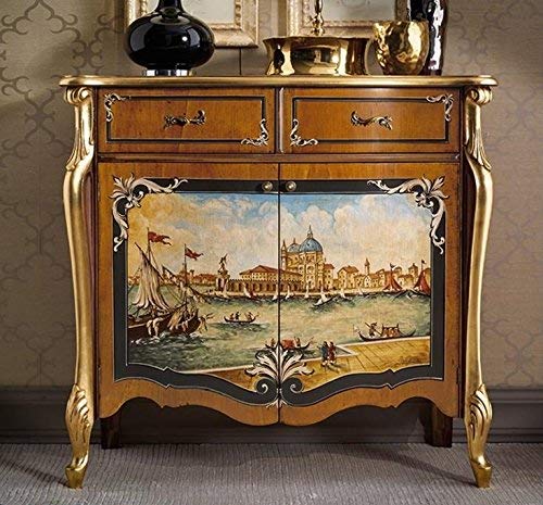 Credenza 2 ante 2 cassetti, decoro Veneziano, colore legno scuro, decorazioni oro - Dimensioni: 107 cm - 46 cm - H 100 cm ?0,59 Mc ? Stile classico -100% Legno - 100% Made in Italy (SF17)
