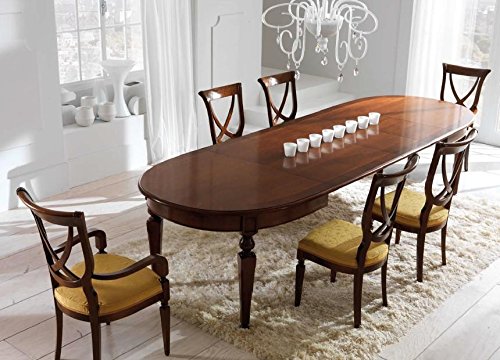 Tavolo ovale allungabile, colore legno scuro, chiuso 170x110, aperto 330x110, H.78,5, 70 Kg, piano in legno massiccio di tiglio o noce intarsiato con acero bianco. 100% Made in Italy