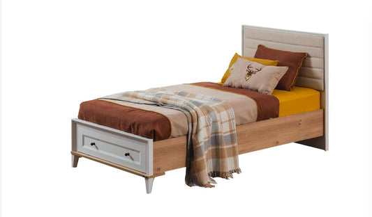 Dafne Italian Design Letto una piazza e mezza Family colore bianco,legno chiaro e beige cm. 131 X 108 X 207 comprensivo di materasso cm. 120x200x25 con cassetto portaoggetti.