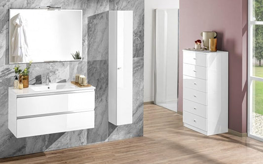 Mobile da bagno "Vichy" finitura bianco lucido composto da: componibile bagno sospeso cm 101x46x189 (base, lavabo, specchio) - colonna sospesa cm. 25x27x160 - sestino a terra cm. 60x45x126
